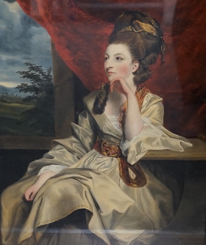Late 18th / early 19th century, English School, oil, Portrait of a seated woman before a landscape, unsigned, 38 x 28cm. Condition - fair to good